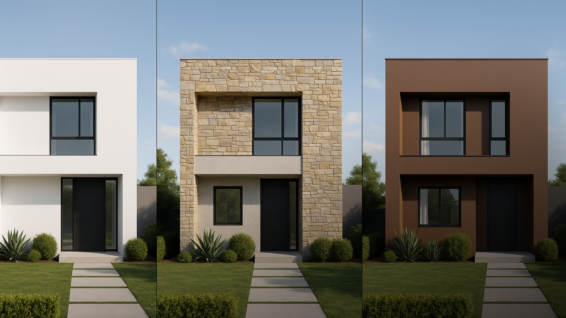 Tríptico comparando três combinações de marrom e cinza.