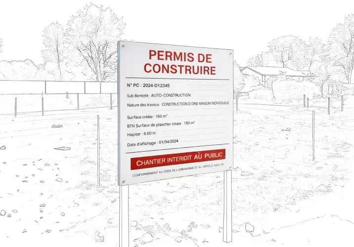 Panneau d’affichage de permis de construire installé devant un terrain en travaux