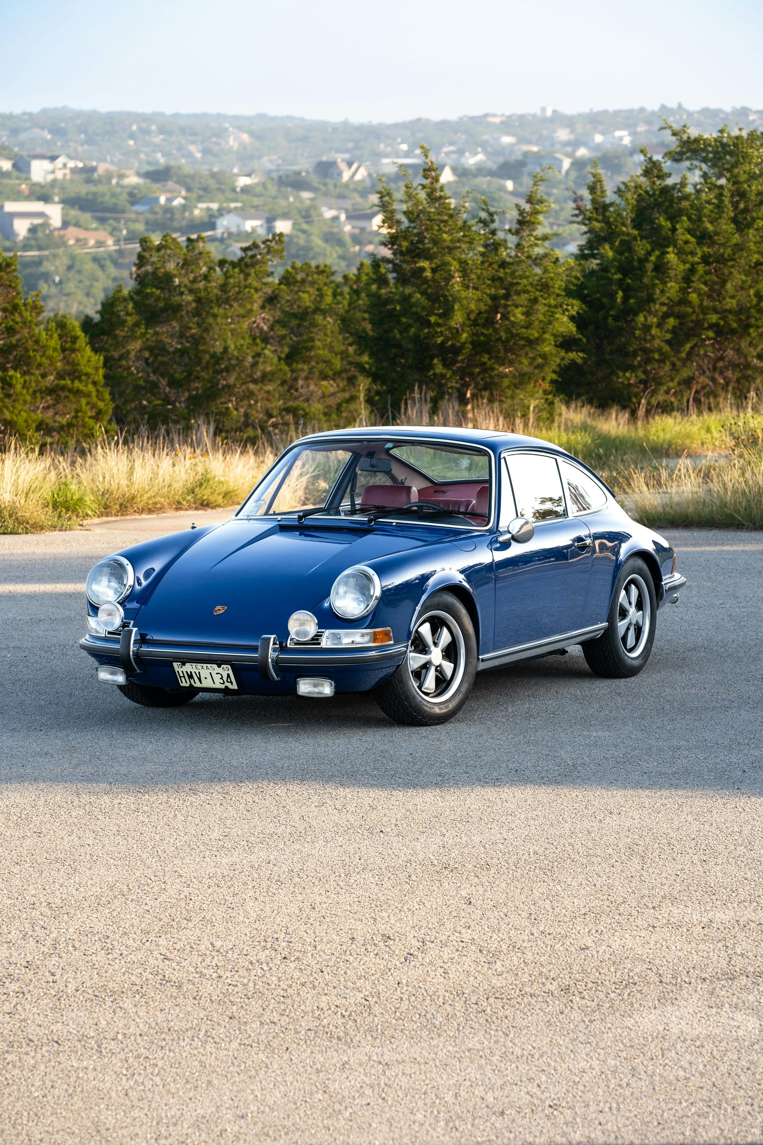 1969 Porsche 911S in Ossi Blue over Red leatherette in Austin, TX.