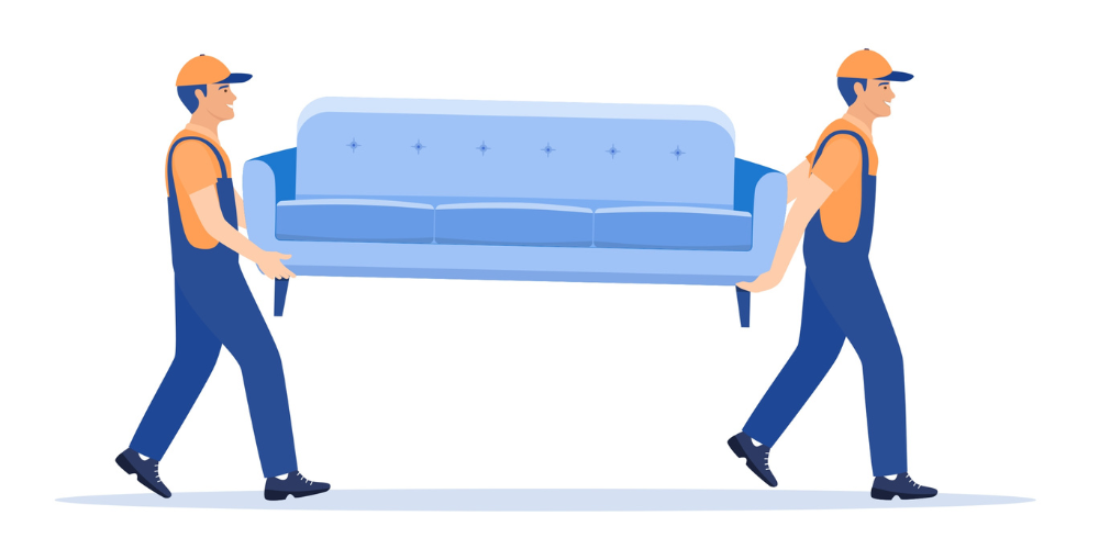 Two men in overalls moving a couch to throw it away.