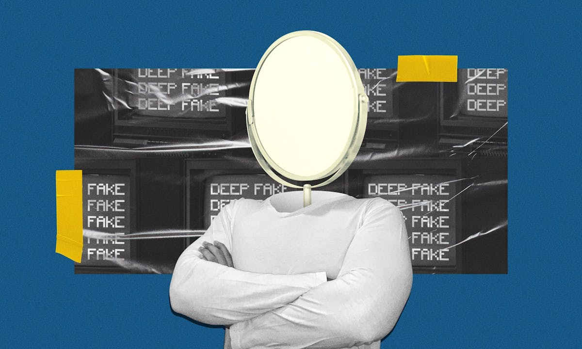 Visual illustration of deepfake scams, depicting identity manipulation and AI-generated impersonation behind digital screens.