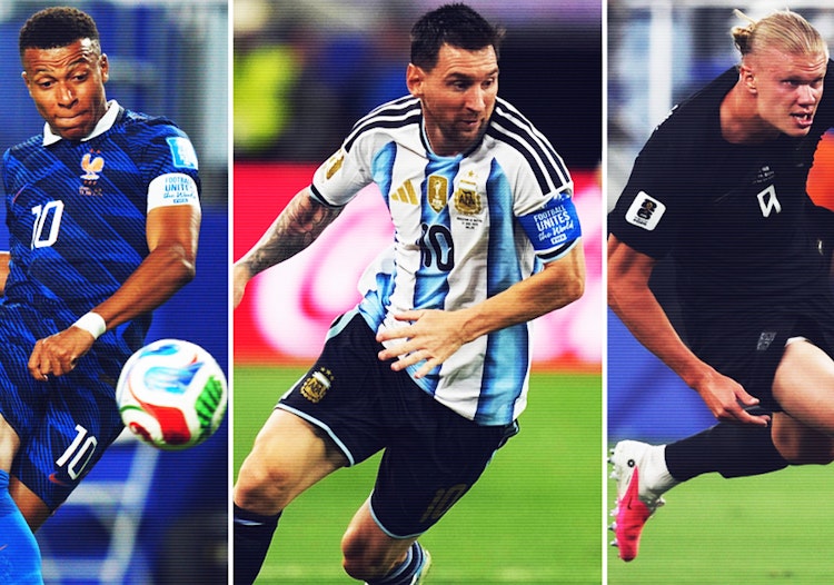 France's Kylian Mbappé, left, Argentina's Lionel Messi, center, and Norway's Erling Haaland, right, in action on the day all three scored two goals during the 2026 World Cup.
