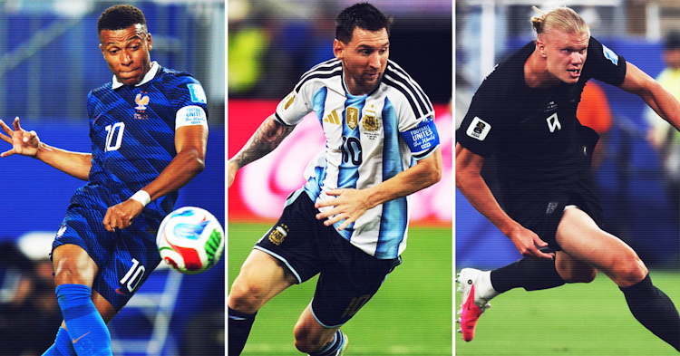 France's Kylian Mbappé, left, Argentina's Lionel Messi, center, and Norway's Erling Haaland, right, in action on the day all three scored two goals during the 2026 World Cup.