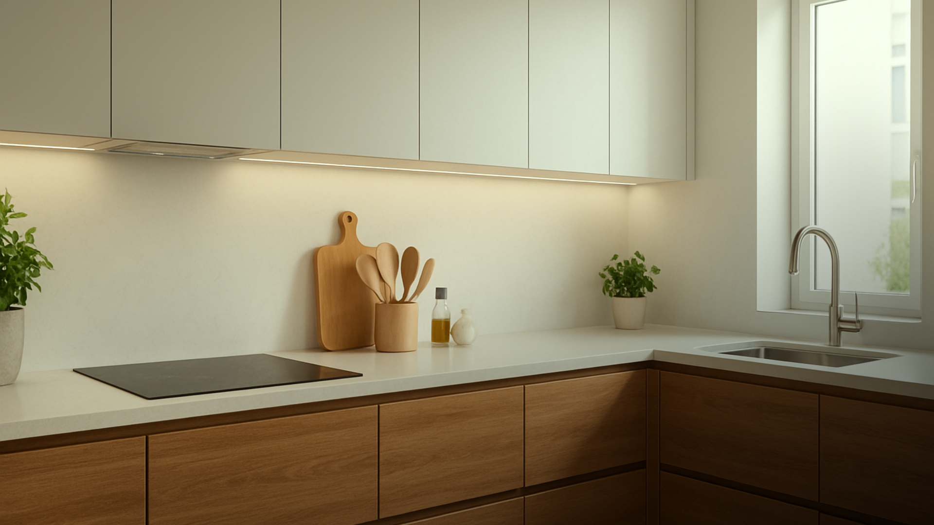 Cozinha moderna com bancada em quartzo branco e armários amadeirados