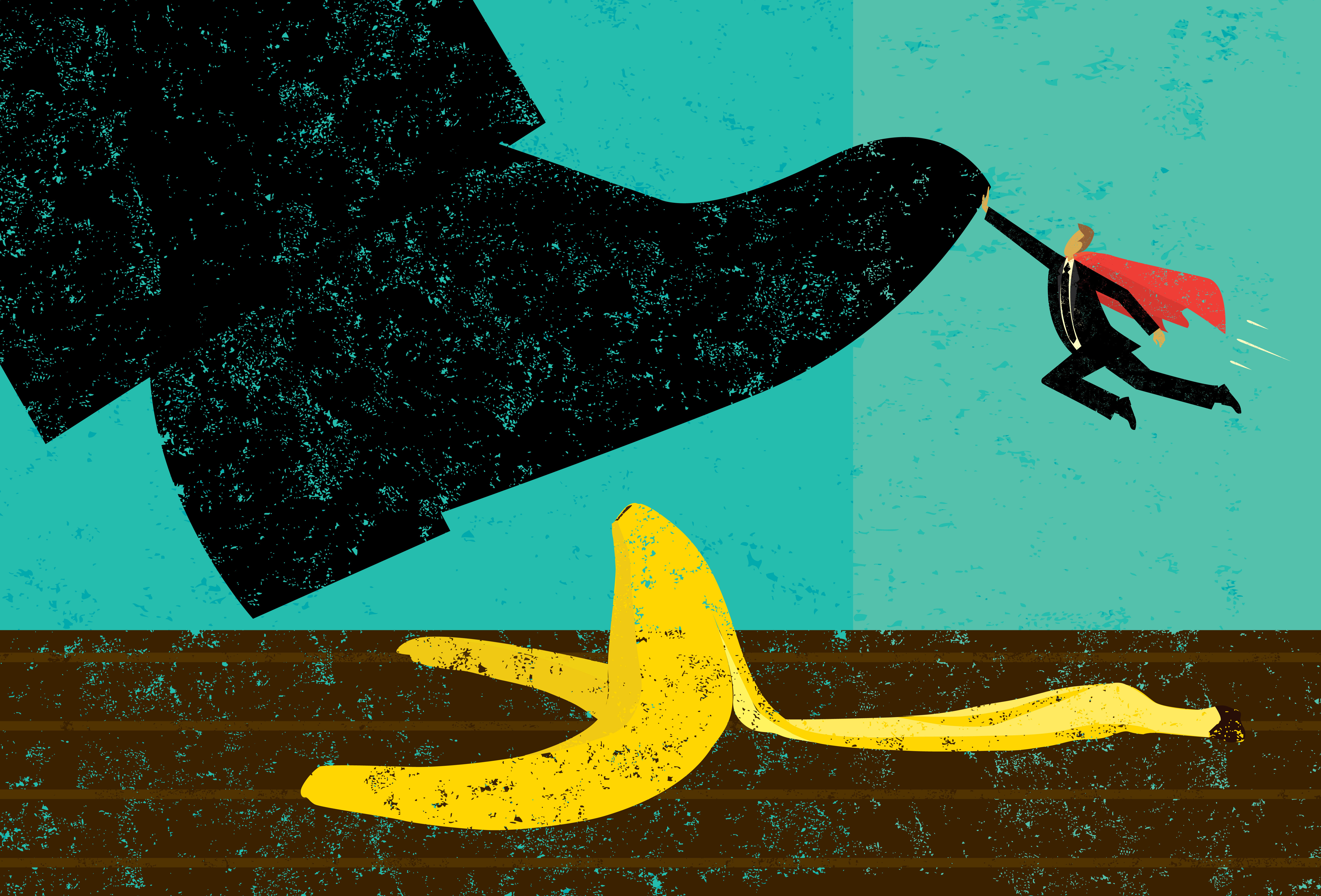 Illustration of giant shoe about to step on a banana peel as a tiny superhero tries to save the day.