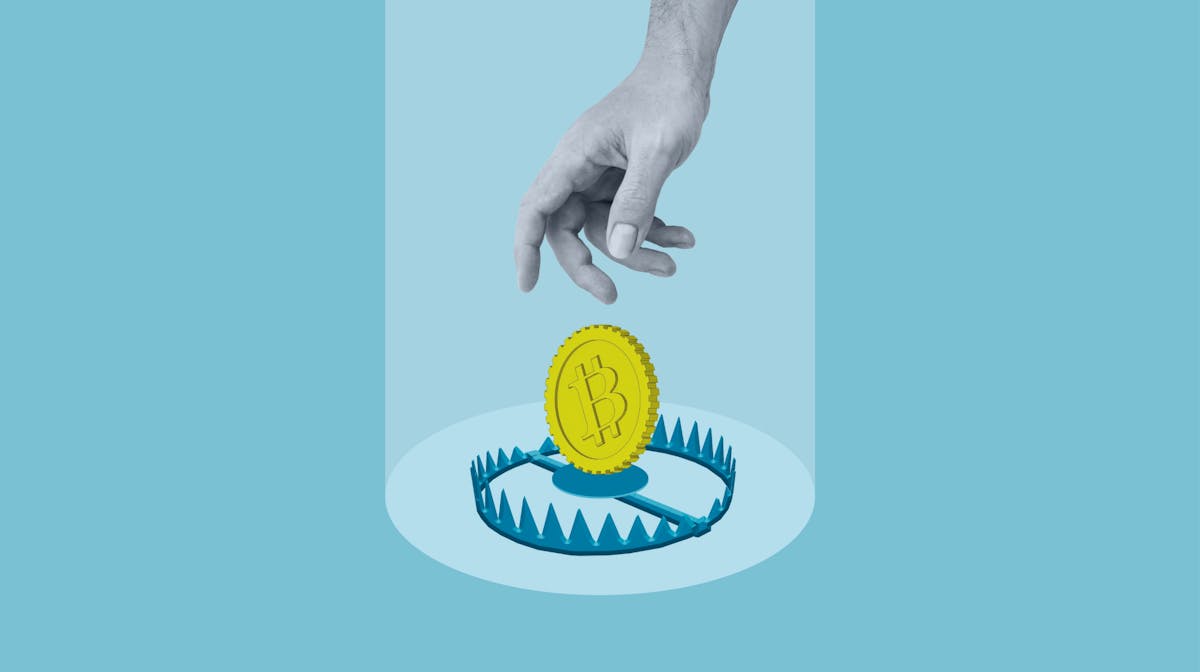 Illustration of a hand reaching toward a bitcoin above a bear trap, representing pig butchering scams and financial fraud.
