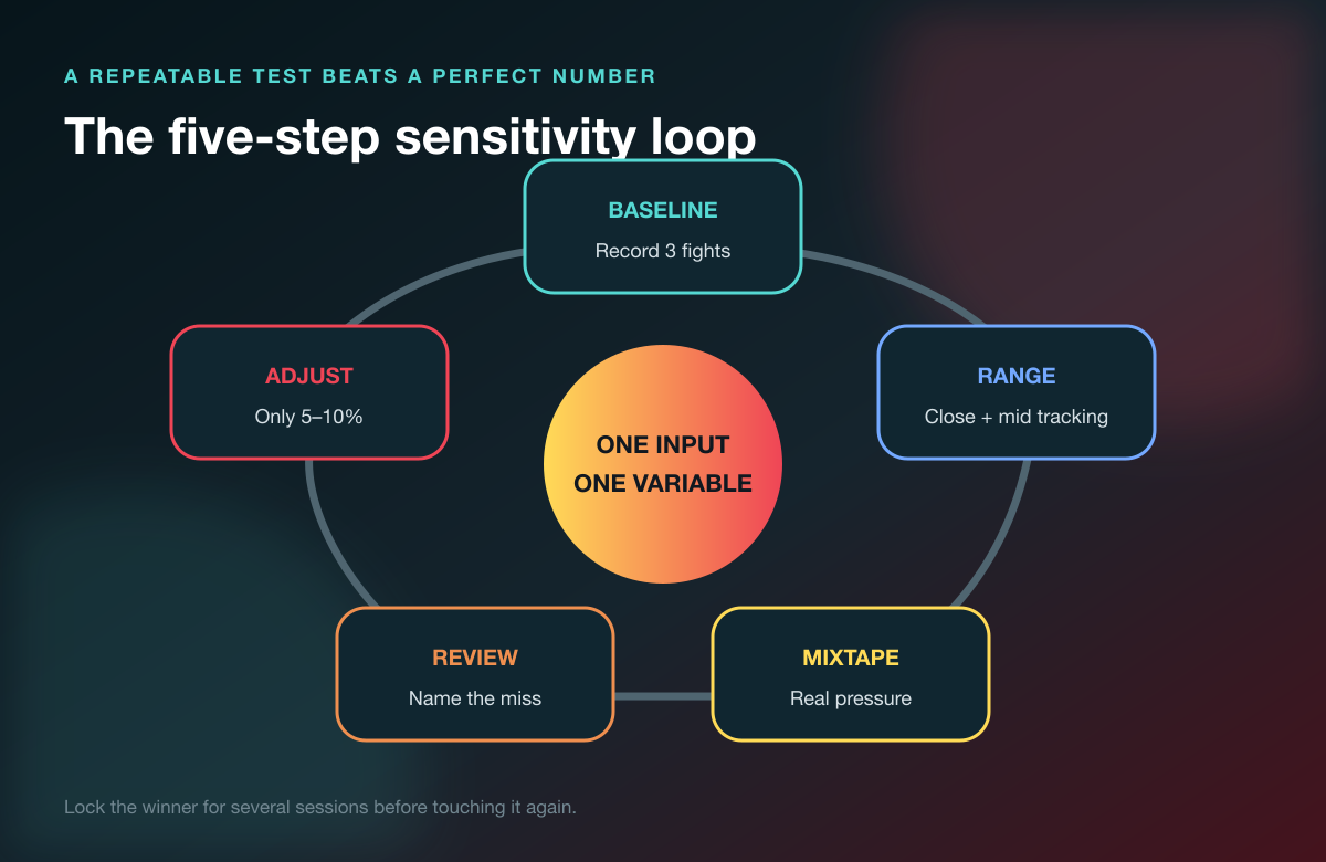Five-step Apex Legends sensitivity test using a baseline, Firing Range, Mixtape, review, and small adjustment