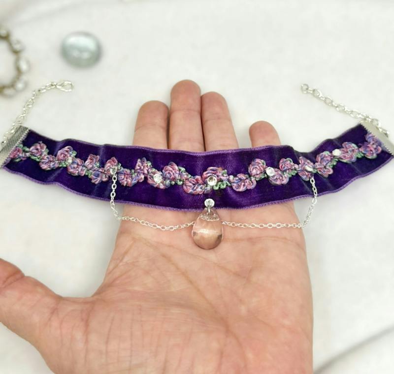 Purple Velvet choker with flowers and chains - alternate view