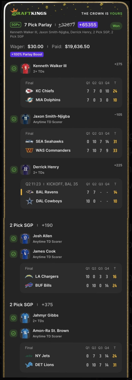 NFL touchdown parlay from AI sports betting projections.