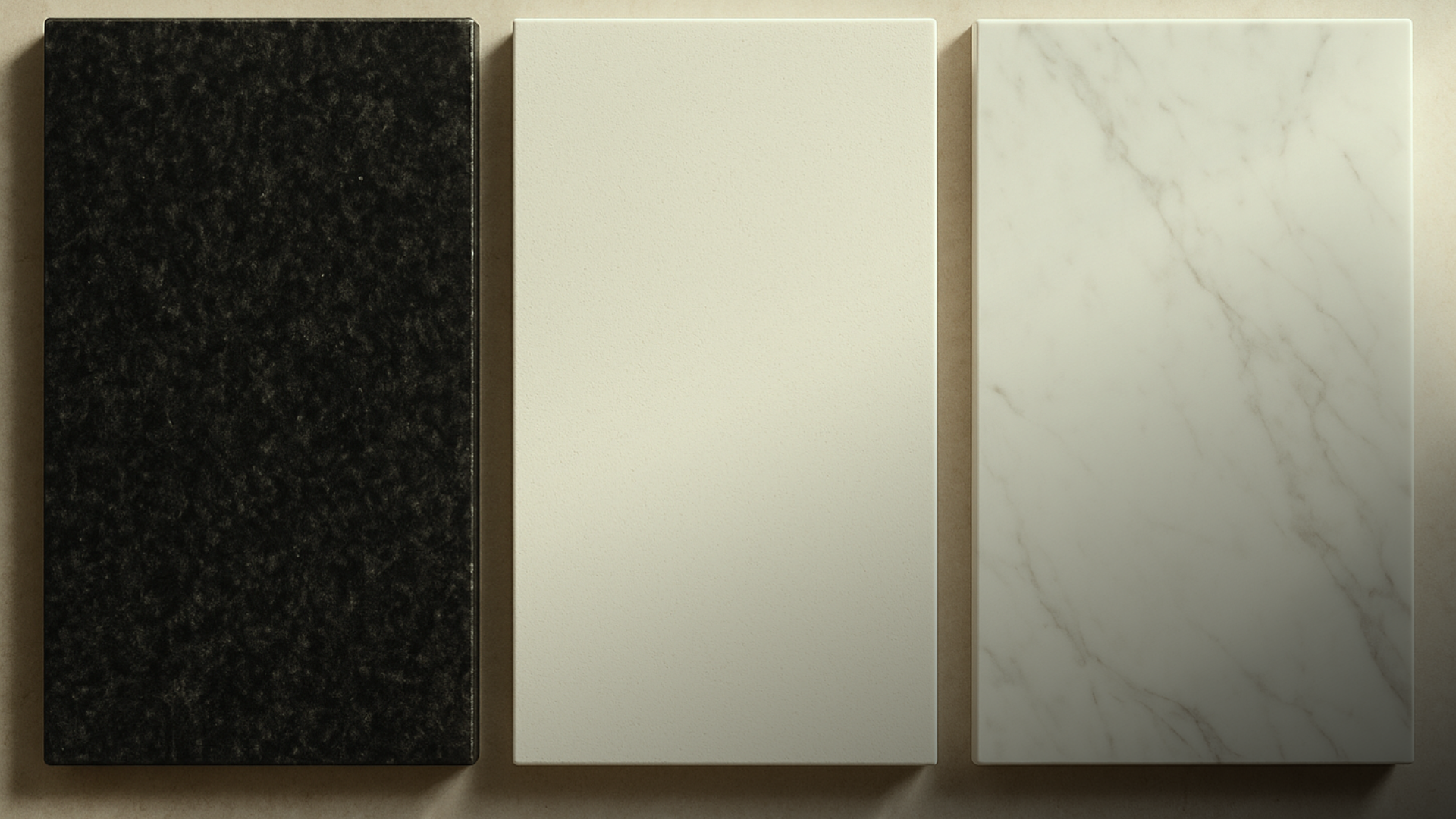 Amostras lado a lado de granito, quartzo e porcelanato técnico para bancada de cozinha