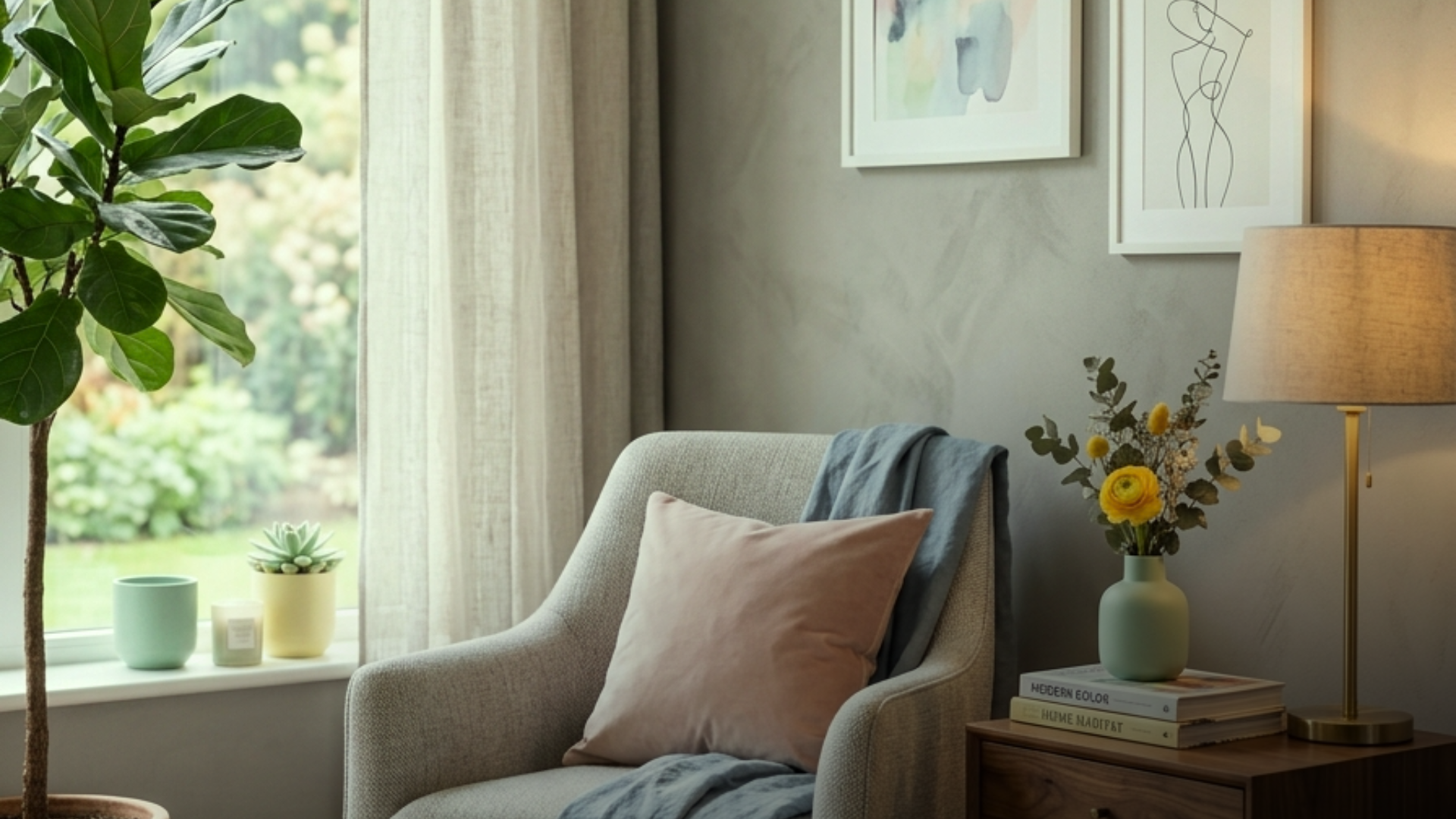 Ambiente decorado com cinza e cores harmoniosas em destaque.