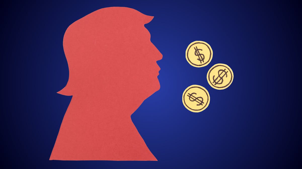 Red silhouette of Donald Trump facing floating coins, representing the Trump tax plan in 2026 and potential financial impact.