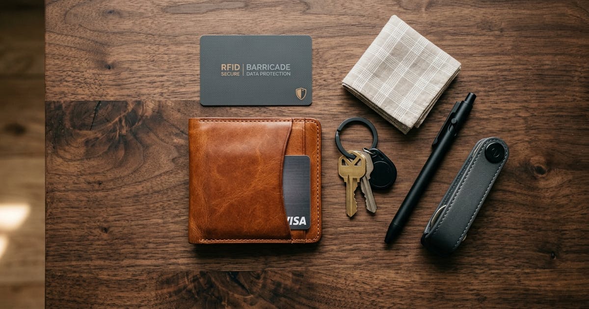 Slim cognac leather wallet with RFID card on dark wood surface