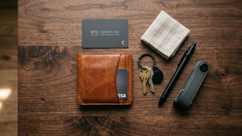 Slim cognac leather wallet with RFID card on dark wood surface