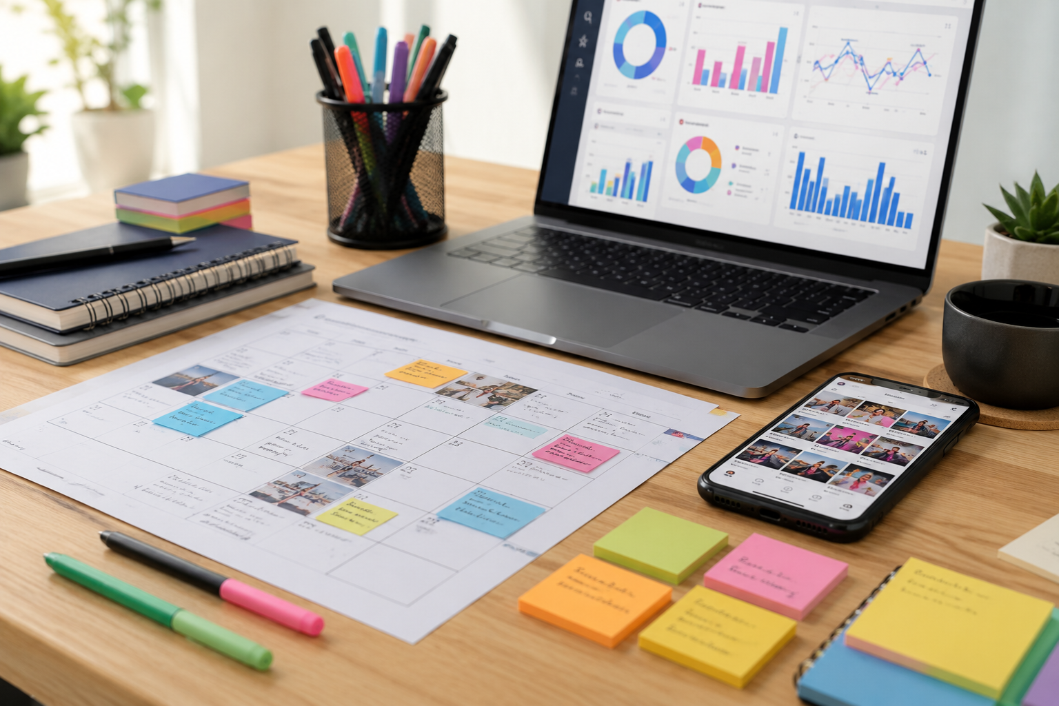 Planejamento de conteúdo para gestão de mídias sociais com calendário, métricas e ideias de postagens