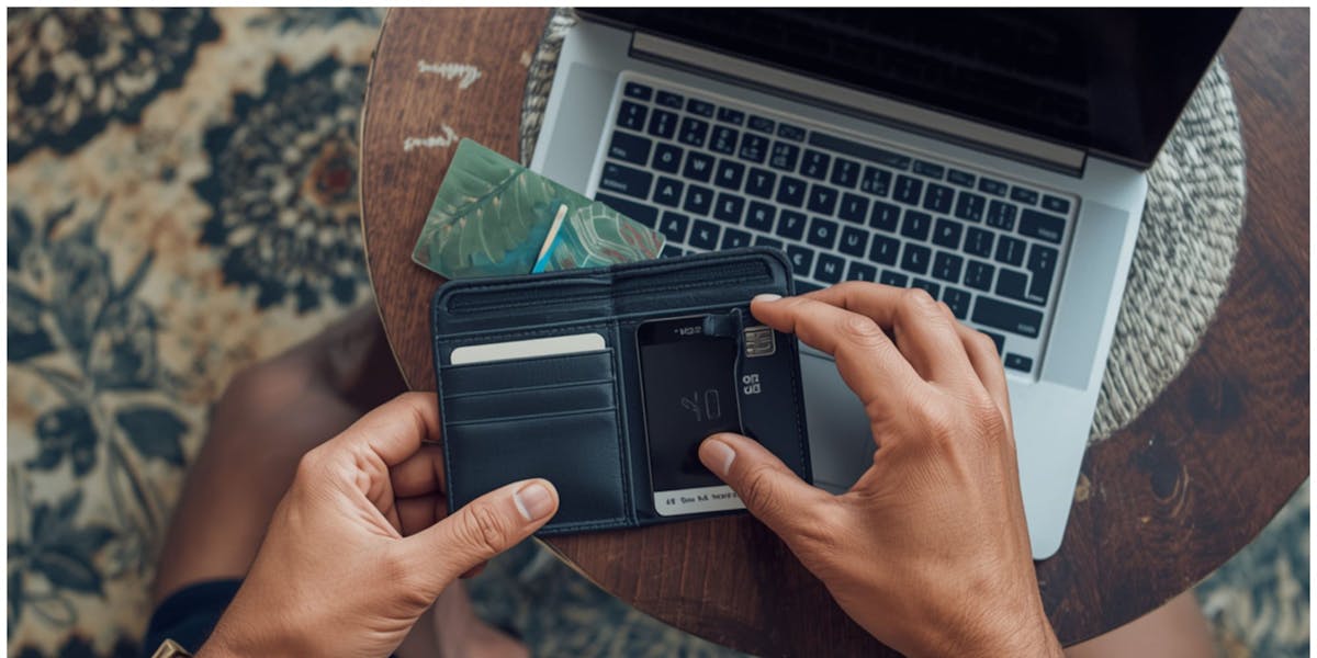 Aerial view of a person at a laptop with an open wallet with an ID inside