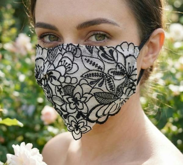 Ivory and Black Floral lace face veil, three layers gothic mask