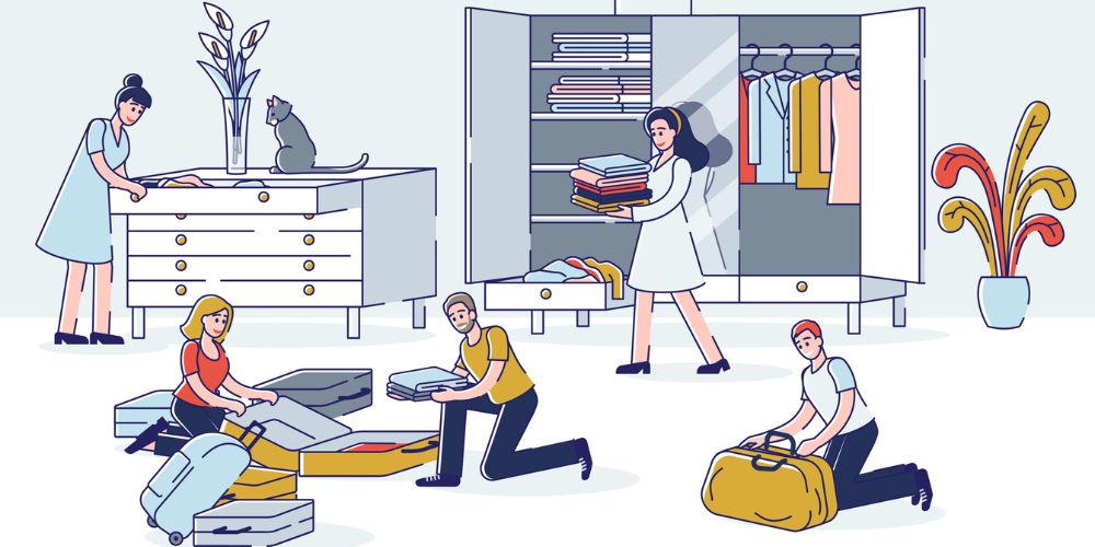 An illustration of five people using different methods to pack clothes for moving.