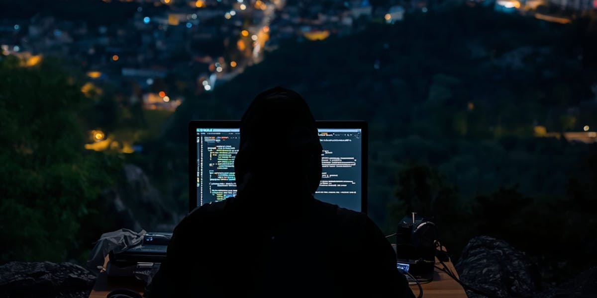 Back profile of a computer hacker in a black hoodie sitting at an open desktop computer