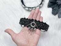 Gothic Choker Necklace with Rhinestones Pendant and Layered Chains, Wide Black Elastic Choker Collar, Upcycled Whimsigoth Jewelry Gifts for Her