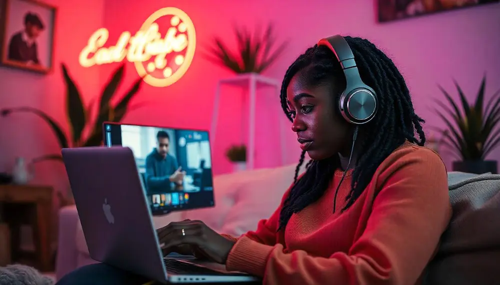 A-young-Black-woman-in-her-twenties-wearing-headphones-is-examining-a-product-on-her-laptop-screen-during-a-video-call-with-a-salesperson-in-a-cozy-living-room-with-soft-lighting-and-plants-in-the-background.webp