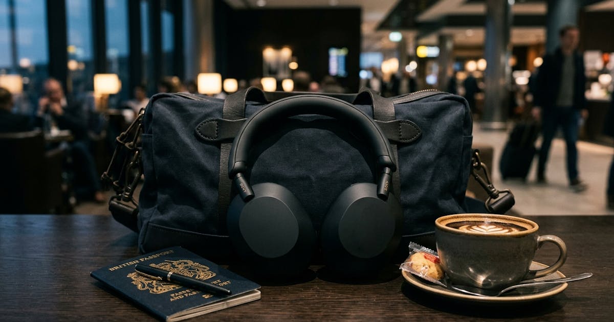 Matte black wireless headphones on travel bag next to passport and coffee