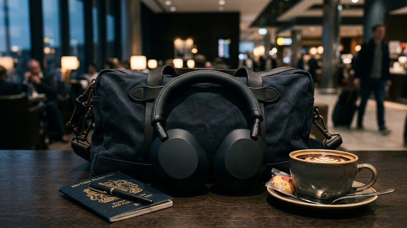 Matte black wireless headphones on travel bag next to passport and coffee