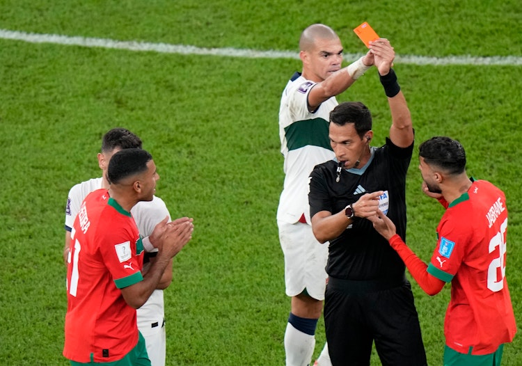 Polymarket live odds for France vs Morocco at the 2026 World Cup quarterfinal, with the Argentine referee controversy.