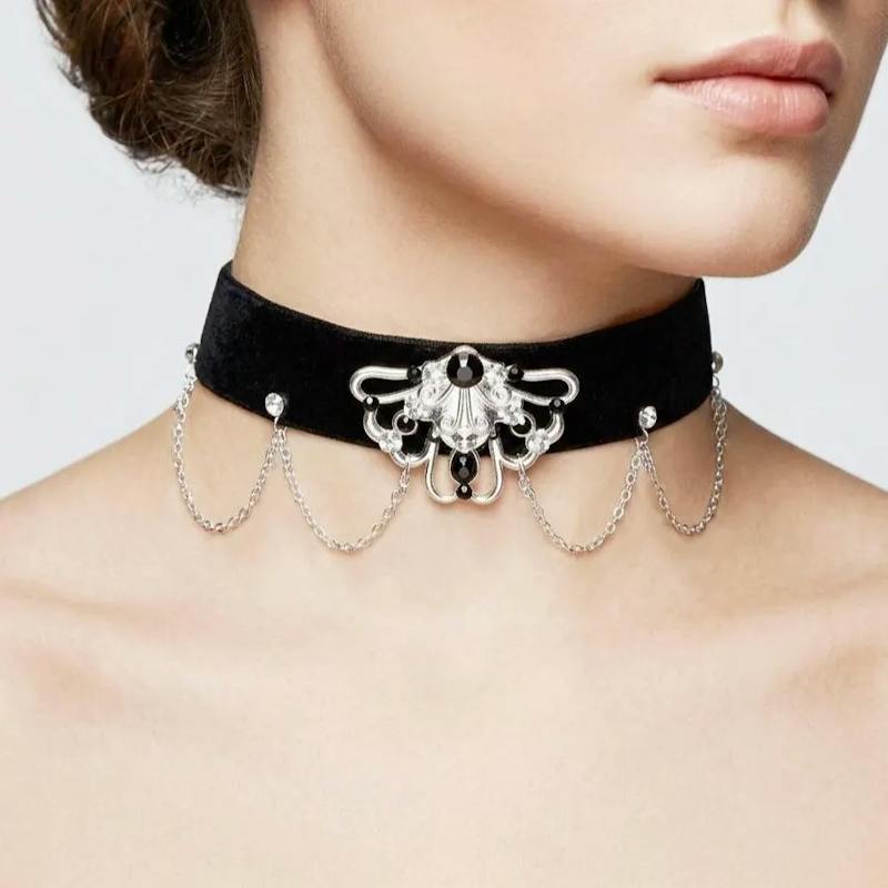 Black Velvet Gothic Choker with Chains & Metallic Pendant