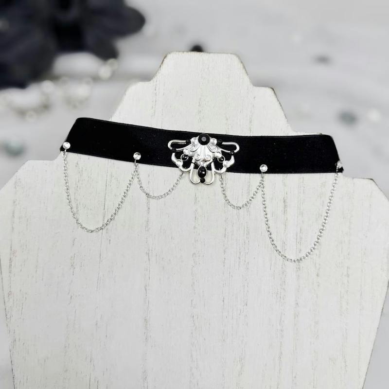 Black Velvet Gothic Choker with Chains & Metallic Pendant - alternate view