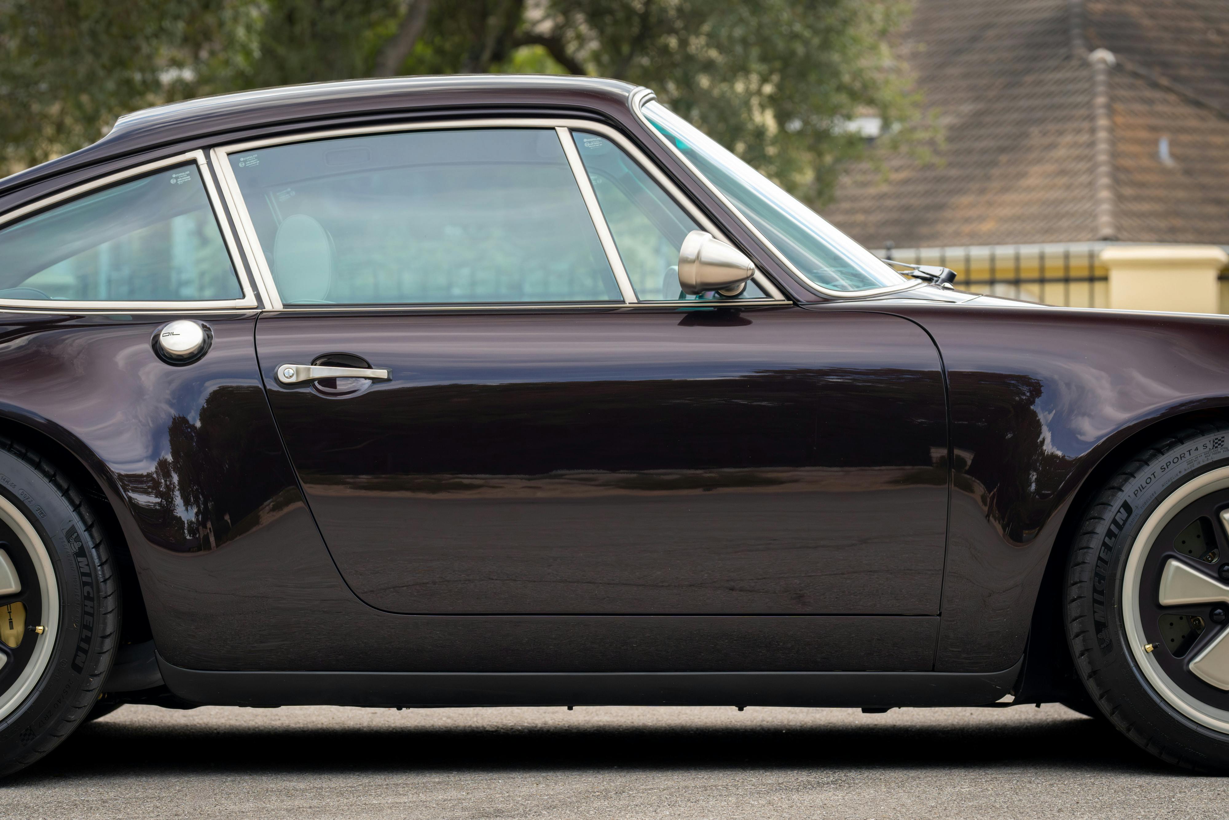 1990 Singer Porsche 911 Carrera 2 "Austin" commission in Aubergine Metallic shot in Austin, TX for a Bring a Trailer auction.