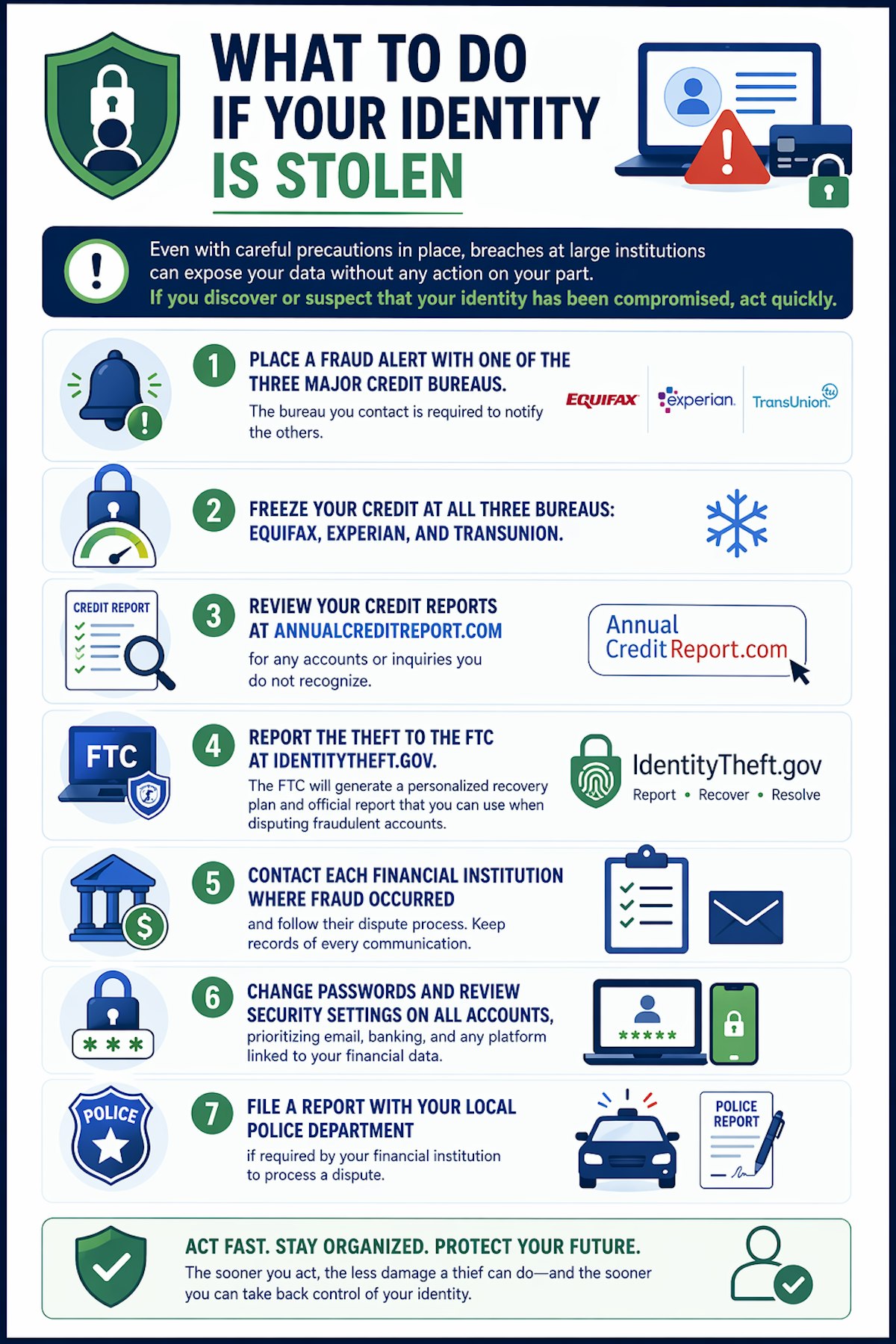 Infographic describing the 7 steps to take if your identity is stolen