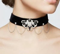 gothic black velvet choker necklace with metallic pendant and chains
