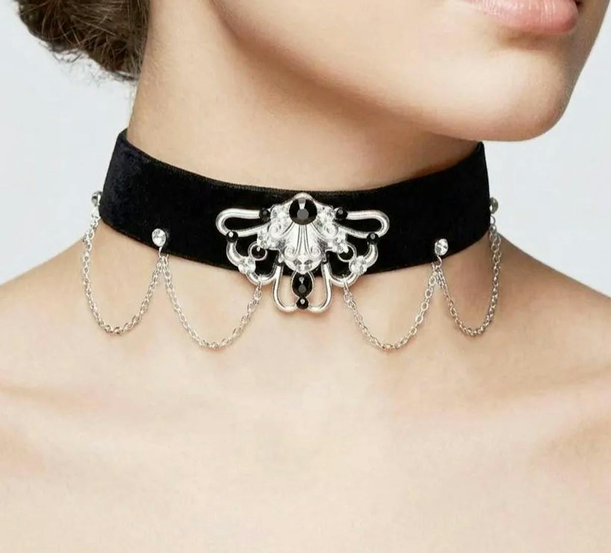 gothic black velvet choker necklace with metallic pendant and chains
