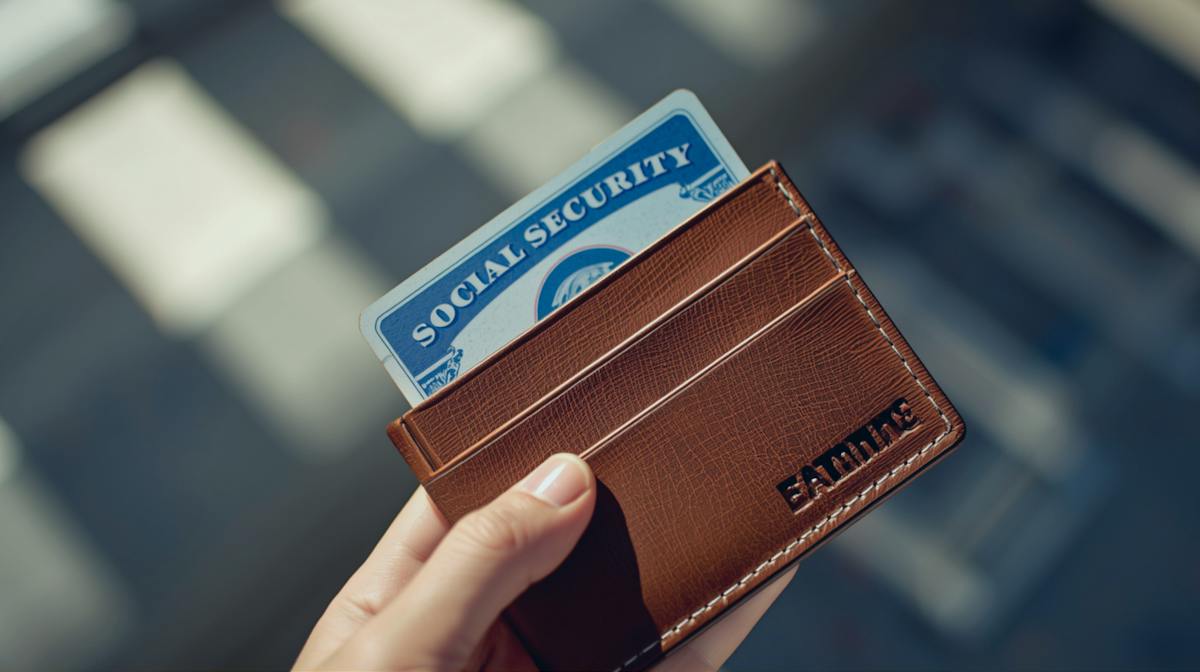 A hand holding a brown leather wallet with a Social Security card visibly sticking out of the card slot.