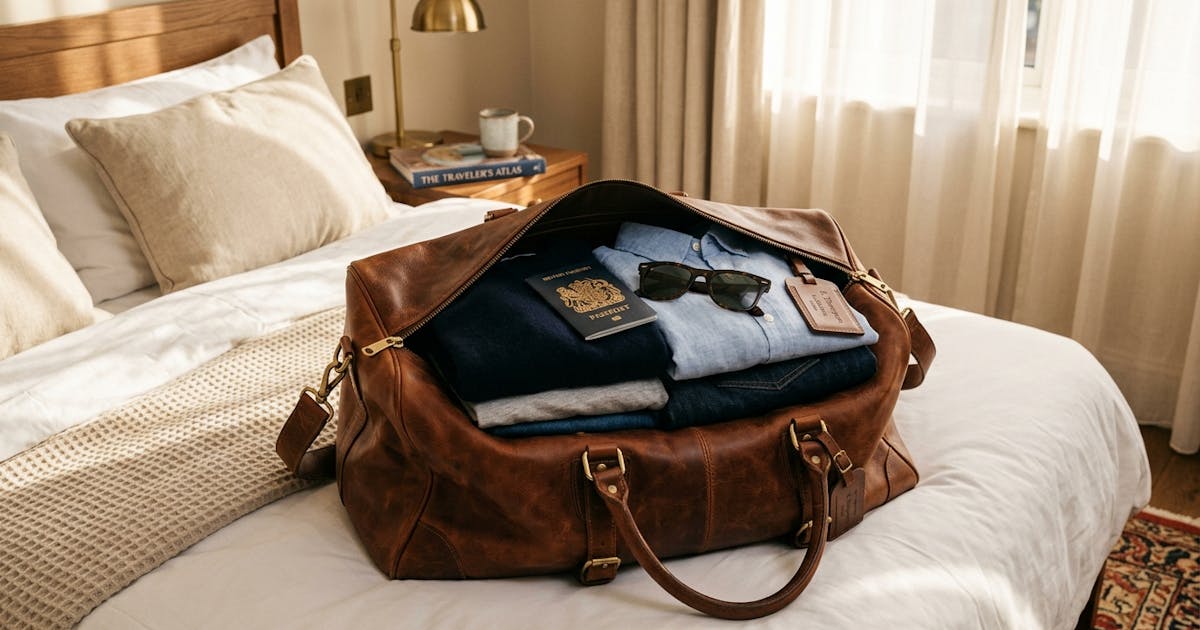 Full-grain leather weekender bag open on hotel bed with packed clothes and travel accessories