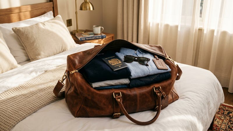 Full-grain leather weekender bag open on hotel bed with packed clothes and travel accessories