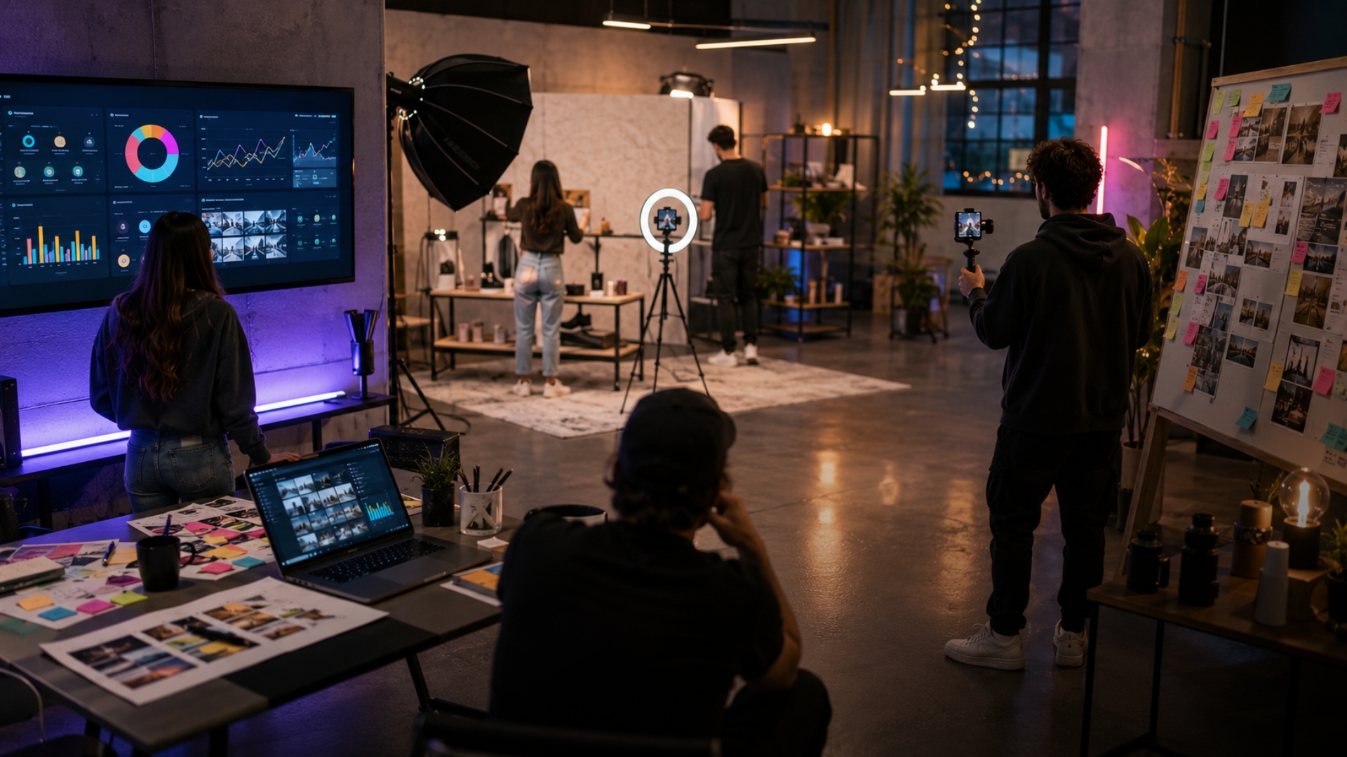 Equipe criando conteúdo para redes sociais em um estúdio criativo com smartphones, iluminação, produtos, roteiro e planejamento estratégico
