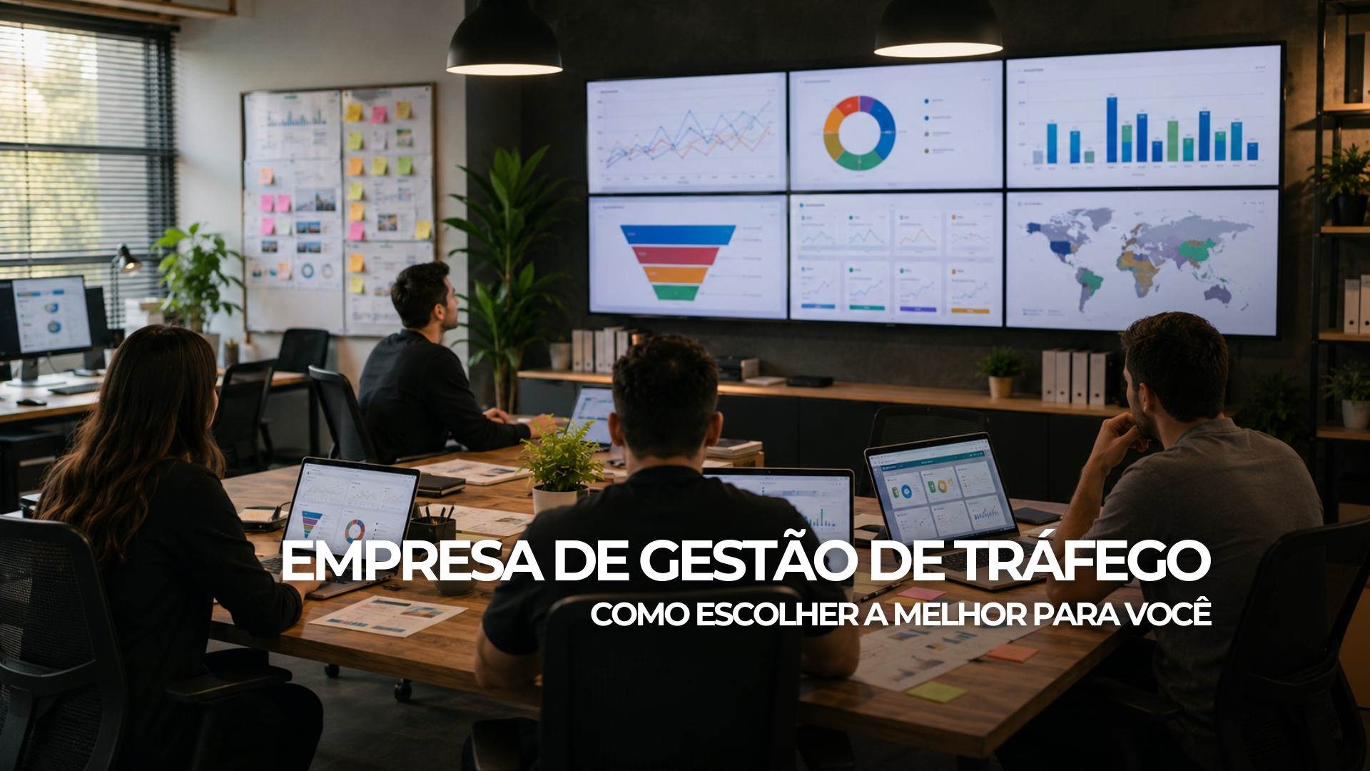 Banner sobre empresa de gestão de tráfego com profissionais analisando campanhas, métricas e conversões em ambiente corporativo