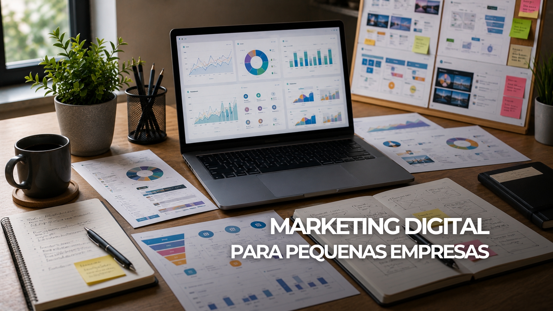 Banner sobre marketing digital para pequenas empresas com site profissional, campanhas pagas, SEO, redes sociais e análise de resultados