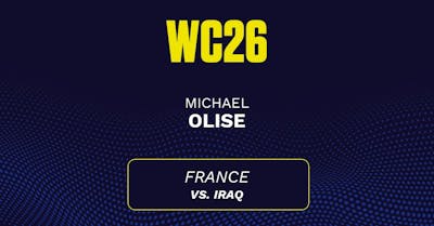 Michael Olise's predicted stats vs. Iraq, including anytime goal projection