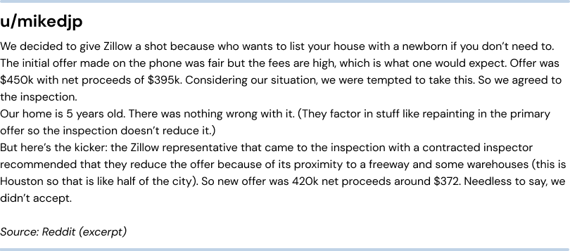 Negative Zillow Offers review - lowball offer - u/mikedjp - We decided to give Zillow a shot because who wants to listyour house with a newborn if you don’t need to. The initial offer made on the phone was fair but he fees are high, which is what one would expect . Offer was $450k with net proceeds of $395k. Considering our situation, we were tempted to take this.So we agreed to the inspection. Our home is 5 years old. There was nothing wrong with it. (They factor in stuff like repainting in the primary offer so the inspection doesn’t reduce it.) But here’s the kicker: the Zillow representative thatcame to the inspection with a contracted inspector recommended that they reduce the offer because of its proximity to a freeway and some warehouses (this is Houston so that is like half of the city). So new offer was 420k net proceeds around $372. Needlessto say, we didn’t accept. Source: Reddit (excerpt)