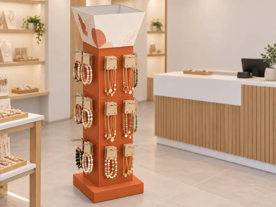 Présentoir colonne à broches en carton double microcannelure