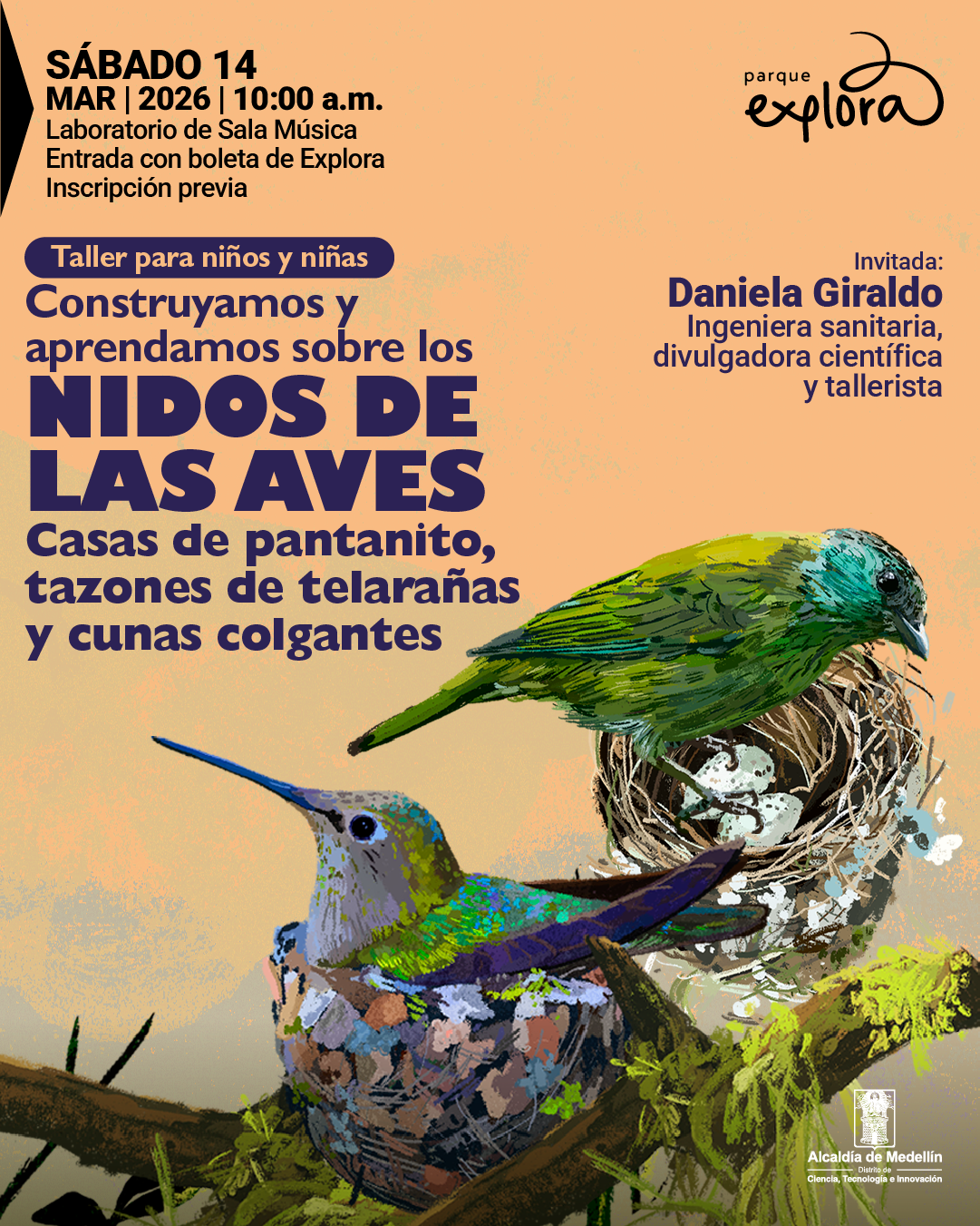 Ilustración. Sobre un fondo claro aparece una rama con vegetación. En la parte inferior se observan dos aves: una con pico largo posada sobre un nido en forma de taza y otra de color verde situada sobre un nido tejido que contiene huevos. En la parte superior izquierda se lee: «Sábado catorce de marzo de dos mil veintiséis a las diez de la mañana. Laboratorio de Sala Música. Entrada con boleta de Explora. Inscripción previa». En la parte superior derecha hay un identificador gráfico. Debajo, dentro de una franja, dice: «Taller para niños y niñas». En el centro se lee: «Construyamos y aprendamos sobre los nidos de las aves». Debajo: «Casas de pantanito, tazones de telarañas y cunas colgantes». En la parte derecha media aparece el texto: «Invitada: Daniela Giraldo. Ingeniera sanitaria, divulgadora científica y tallerista».