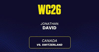 Jonathan David's predicted stats vs. Switzerland, including anytime goal projection