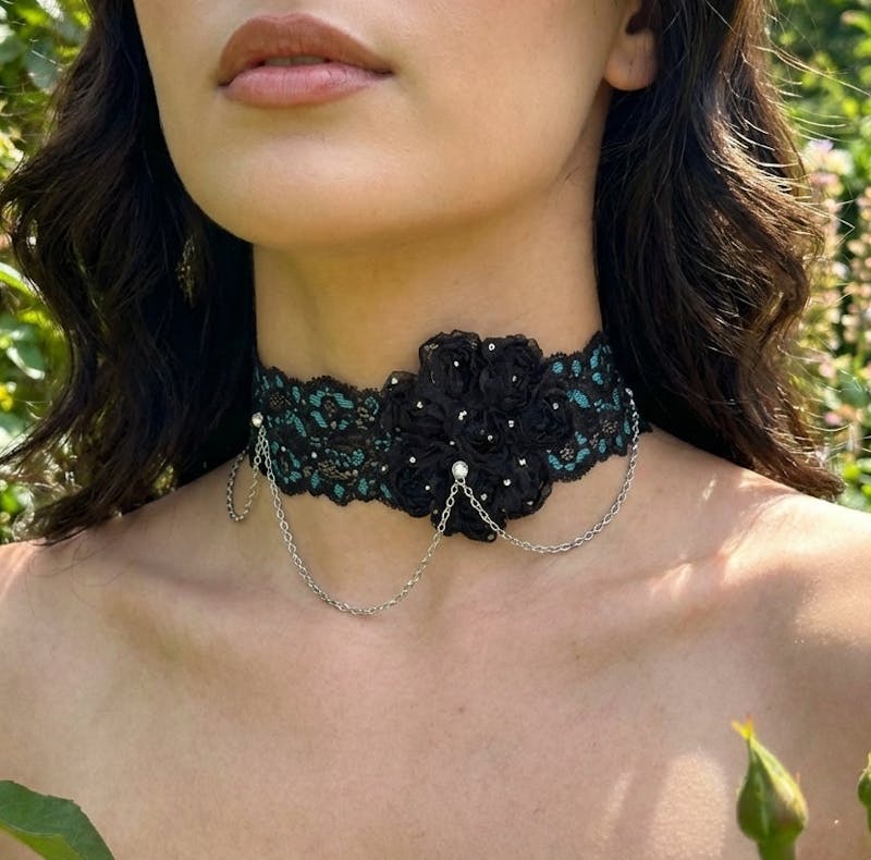 Blue and Black Floral Lace collar necklace - alternate view