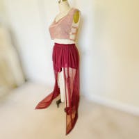 Wine Mesh Maxi Skirt, Plus Size Floor Length Semi-Sheer Skirt