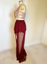 Wine Mesh Maxi Skirt, Plus Size Floor Length Semi-Sheer Skirt