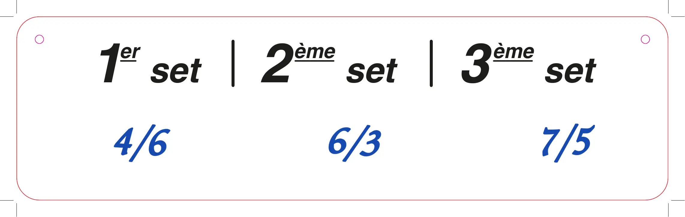 Plaque marque-score remplie au feutre effaçable – scores 4/6, 6/3, 7/5