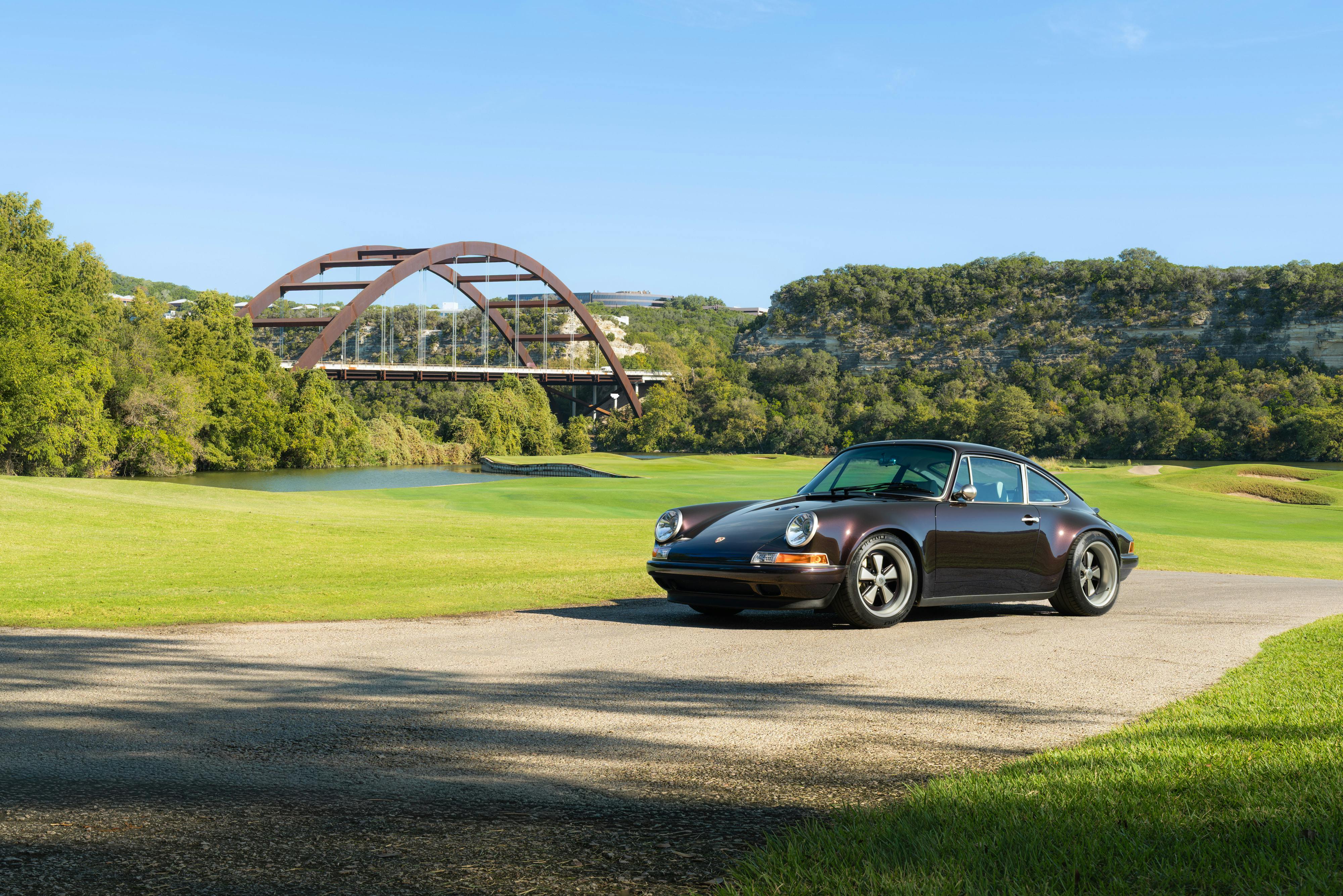 1990 Singer Porsche 911 Carrera 2 "Austin" commission in Aubergine Metallic shot in Austin, TX for a Bring a Trailer auction.